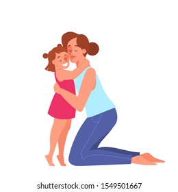 Mother hug her little daughter with love. Mom and child. Relationship in family. Isolated vector illustration in cartoon style