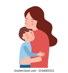 Mother hug her son in flat design on white background. Mom child concept vector illustration.