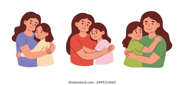 Mother Hug His Daughter, Older Sister Hug His Younger Sister, Parenting Concept