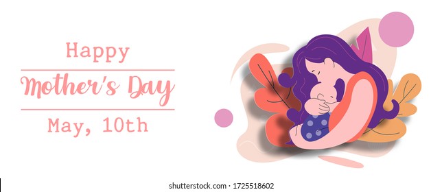 Mother hug newborn baby on decorated plants and abstract shape with Happy Mother's Day lettering on white background. Card and poster of Mother's day in paper cut layer style and banner vector design.