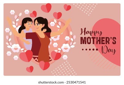 Mother hugged by her little daughter. An expression of a child's love for his mother. Mother's Day concept. Flat vector illustration.