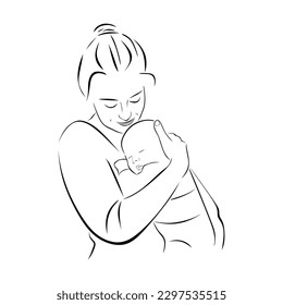 Mother hugging baby stylized vector. Woman with a newborn in her arms isolated. A young mom and baby on white background. Minimal black sketch in the lines. Happy mother's day. Vector illustration