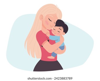 Madre abrazando fuertemente al bebé, amor maternal, ilustración aislada en blanco