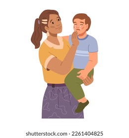 Mother hugging and calming down crying son. Isolated mom holding child on hands wiping tears from cheeks. Parenting and comforting. Vector in flat style