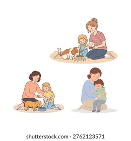 Mother hugging child and interacting vector set