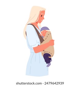 Mother hugging child with love in baby sling, mom and toddler portrait. Cute mum carrying happy boy infant in modern cloth carrier, woman holding wrap ring with kid cartoon vector illustration