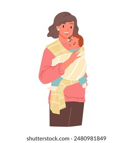 Mother hugging child with love in baby sling, mom and toddler portrait. Cute mum carrying happy boy infant in modern cloth carrier, woman holding wrap ring with kid cartoon style