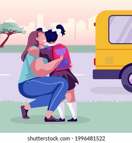 Mother hugging child and sending to school. Parent with girl on bus stop, daughter boarding bus. First day, grade. Colourful vector illustration. Cartoon style 