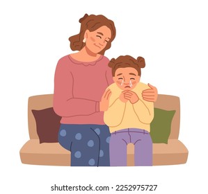 Madre abrazando y reconfortando a su hija llorando, padre cuidando de emociones de niño. Mamá acurrucada disgustando a su hija, tranquilizándola y callándola. Vector de estilo plano