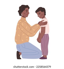 Madre abrazando y consolando a un hijo llorando. Mujer aislada acariciando a un chico molesto, calmando y animando a un niño. Padres tranquilos preescolares. Vector de estilo plano