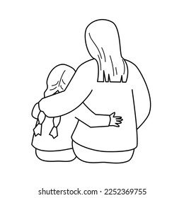 Mother is hugging a daughter. Back view. Vector isolated illustration in outline style.