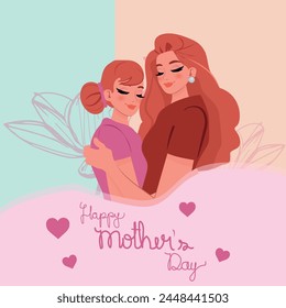 mother hugging daughter, commemorative poster for Mother's Day. vector illustration