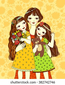 mother hugging daughters
