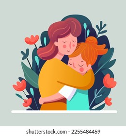 Mother hugging daugther. Vector thin line icon illustration for concepts like Mother's day. Woman holding little girl