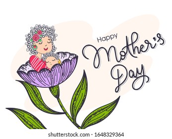 Mother Hugging Her Baby in Flower with Leaves on White Background for Happy Mother's Day Celebration Concept.