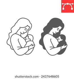 Mother hugging her baby line and glyph icon, mom day and together, mother with baby vector icon, vector graphics, editable stroke outline sign, eps 10.