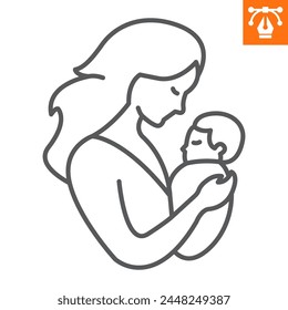 Mother hugging her baby line icon, outline style icon for web site or mobile app, mother's day and newborn, mother with baby vector icon, simple vector illustration, vector graphics 