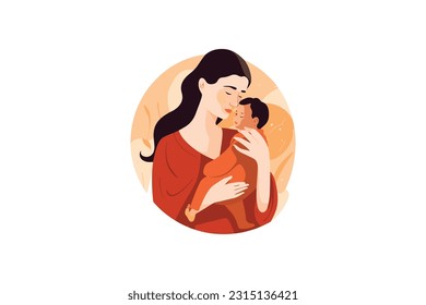 Mother hugging her baby for Mother's Day. Vector illustration of a mom breastfeeding her baby.