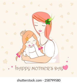 Mother hugging her child, mothers day greeting card illustration 