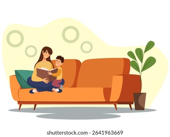 Mother hugging her child while sitting on sofa. Warm emotional connection at home, flat cartoon