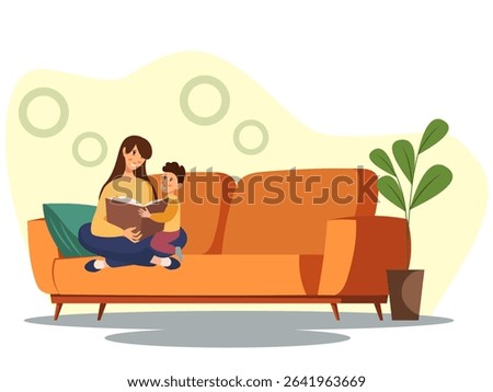 Mother hugging her child while sitting on sofa. Warm emotional connection at home, flat cartoon