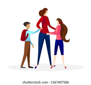Mother Hugging her Children Isolated on White Background. Adorable Woman Holding Hands with Daughter and Son. Family Sweet Moment. Schoolkids with Parent. Cartoon Flat Vector Illustration. Clip Art.