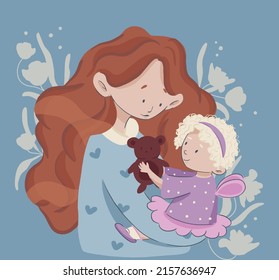 Mother hugging her cute baby with flowers. Isolated illustration.