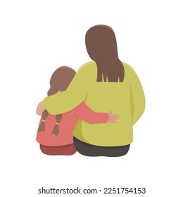 Mother is hugging her daughter. Back view. Vector isolated color illustration.