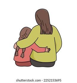 Mother is hugging her daughter. Back view. Vector isolated color illustration in filled outline style.