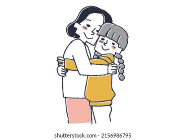 Mother hugging her daughter Comical handwritten person Vector, warm line drawing
