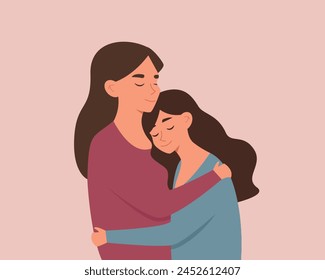 Mother is hugging her daughter. Happy Mother's day. Parent support. Mother and daughter. Vector illustration.