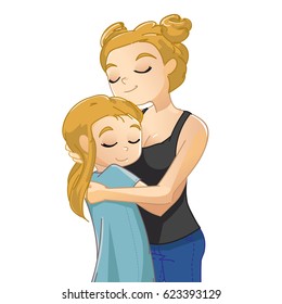 Mother hugging with her daughter. Illustration of a mother's love on a white background. Vector character illustration. Great for Mother's day. Pretty young woman with a little daughter