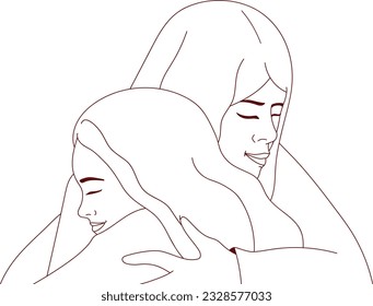 A mother hugging her daughter. Outline illustration.