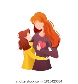 Mother hugging her little daughter. Motherhood, Parenthood, Childhood, Mother's Day, Happy family concept. Isolated vector Illustration for poster, banner, card, cover.