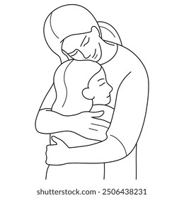 Mother hugging her little daughter. Motherhood concept line illustration. Love, parenting, hug, mom. 