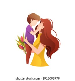 mother hugging her little son. Motherhood, Parenthood, Childhood, Mother's Day, Happy family concept. Isolated vector Illustration for poster, banner, card, cover.