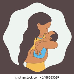 А mother hugging her sleeping baby. Vector  illustration with wave frame. Happy Mother's Day design for a flyer, banner or poster.