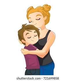 Mother hugging with her son. Illustration of a mother's love on a white background. Vector character illustration. Great for Mother's day. Pretty young woman with a little boy.