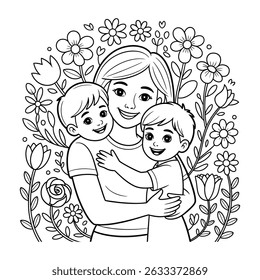 Mother hugging her two sons surrounded by flowers coloring page