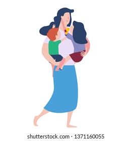 Mother hugging with kids walking. Mothers day flat color illustration.