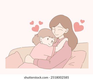 Mother hugging little daughter. Older sister embracing younger sister. Happy Mother's day. Hand drawn flat cartoon character vector illustration.