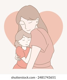 Mother hugging little daughter, showing love. Happy mom embracing cute girl, expressing care. Motherhood and parenthood. Hand drawn flat cartoon character vector illustration.