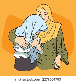 mother is hugging a scared child