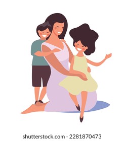 Mother hugging with son and daughter, happy family with children, woman with boy and girl, mother s day flat illustration. Flat cartoon vector isolated on white background.