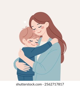 Mother Hugging Son with Love and Care Simple Modern Clean Flat Soft Illustration