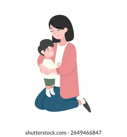 Mother Hugging Son While Kneeling – Cute Family Love Vector Illustration