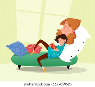 Mother huging her sleepy child. Cartoon vector illustration