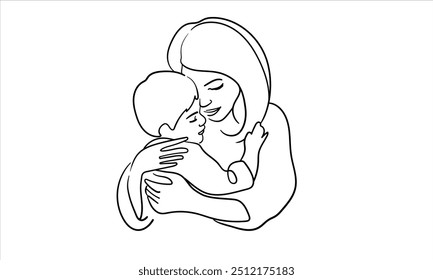 La madre abraza el dibujo continuo del arte de la línea del niño aislado en el fondo blanco. Mamá e hijo. Ilustración vectorial	