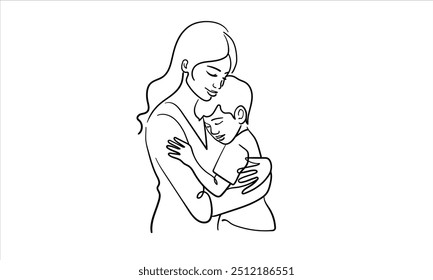 Mother hugs child continuous line art drawing isolated on white background. Mom and son. Vector illustration	
