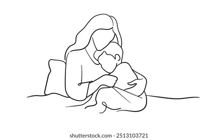 Mother hugs child continuous line art drawing isolated on white background. Mom and son. Vector illustration	